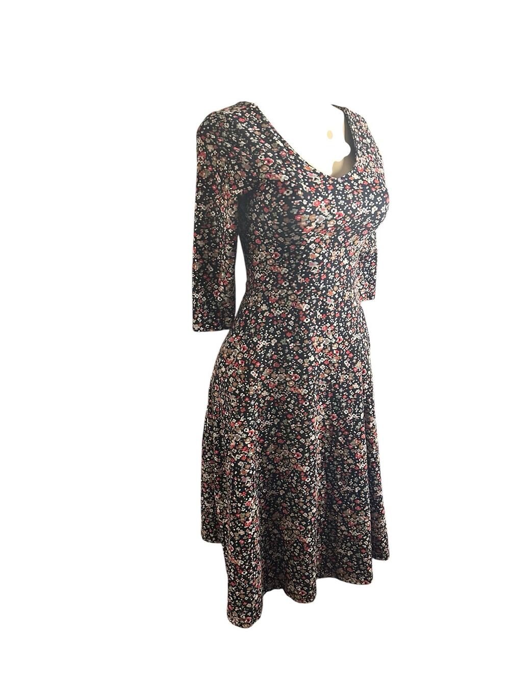 Women XS Pact Floral Printed Organic Cotton Fit Flare Dress Elbow 3/4 Sleeve